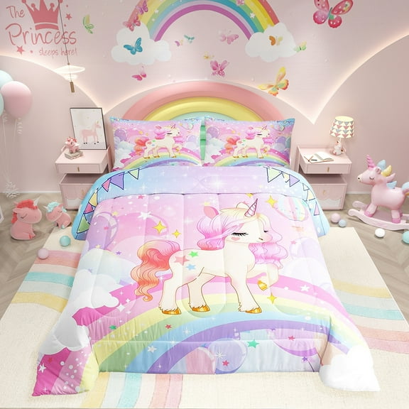 Unicorn Girls Bedding Set Twin Kawaii Cute Rainbow Unicorn Comforter Set Cartoon Horse Quilt Comforter Kids Children Galaxy Stars Magical Pink Unicorn Animal Room Decor 1 Comforter 1 Pillowcase