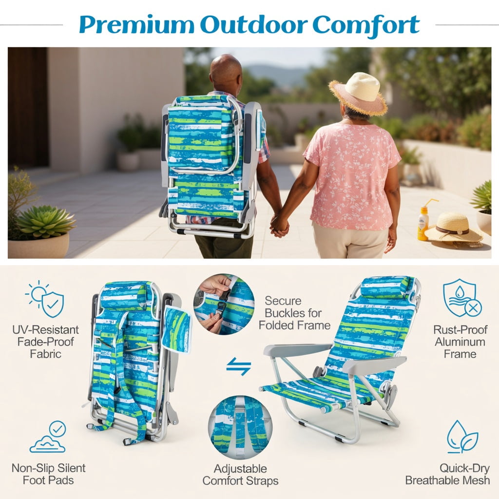 Hommoo 2-Pack Foldable Beach Chair with Adjustable Backrest, Cup Holder & Storage Pockets, Lightweight Aluminum Frame, Waterproof 600D Oxford Fabric, Green