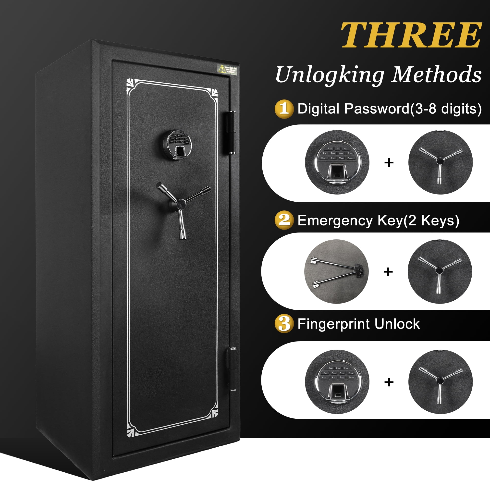 VALINIRT 24 Gun Fireproof Safe for Rifles and Pistols, Gun Cabinet with Biometric Fingerprint, Keypad and Key Access, No-Assembly-Required Gun Safes with Built-in Charging Ports (Silver)