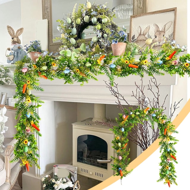 Uuiauoio Easter Egg Garland Artificial Spring Floral Vine with Lighted Easter Eggs & Carrots for Mantle Arch Table Tree Farmhouse Spring Decoration