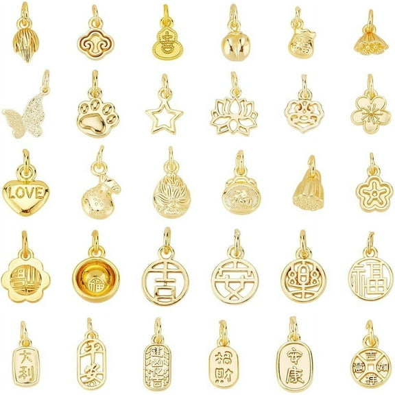 30 Styles Lucky Charms Pendants 18k Gold Plated Charms Butterfly Star Lotus Pendant DIY Jewelry Making Accessories Bulk with Jump Ring