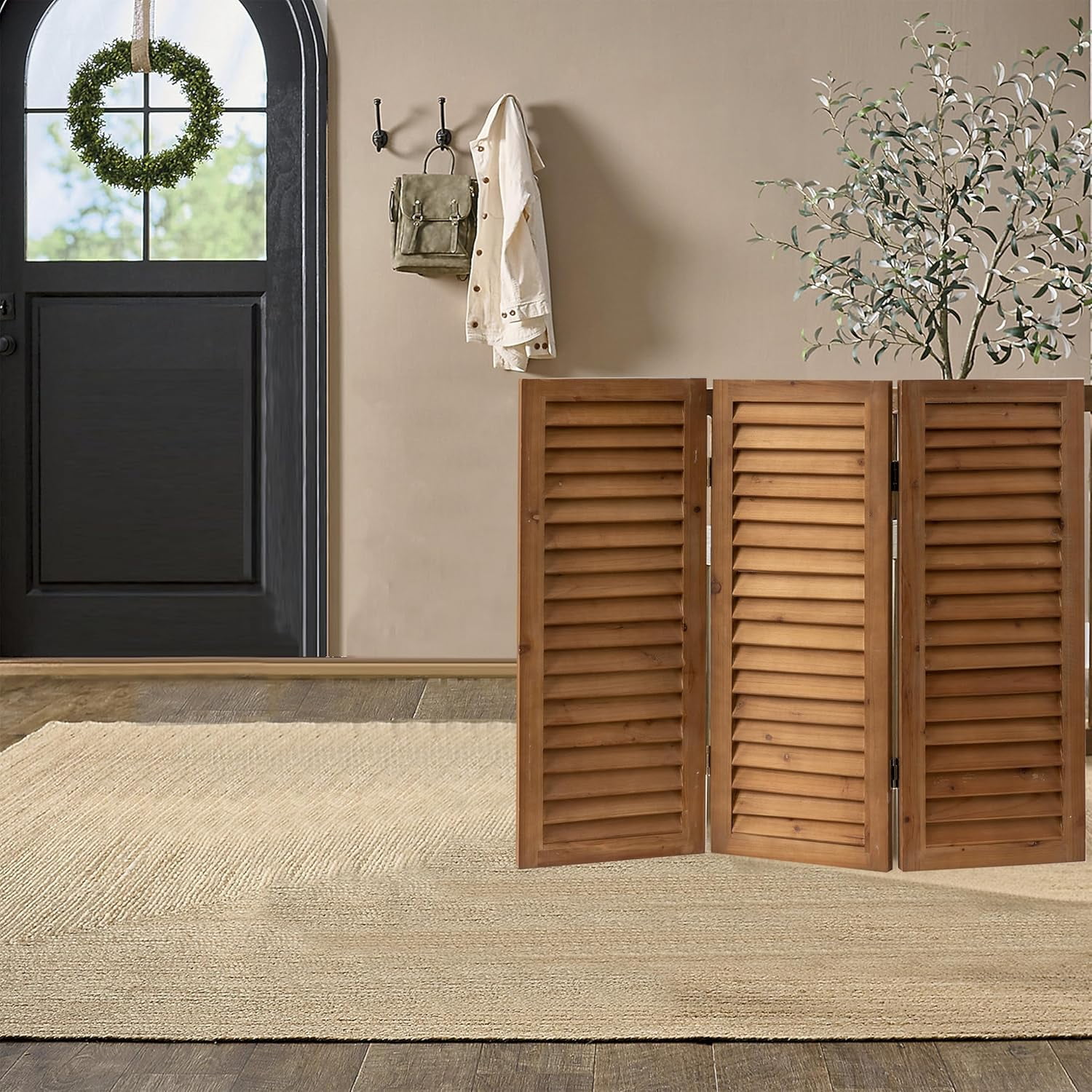 SOFE Wood Short Privacy Screen Indoor, 2.6 ft Tall Shutters Folding Room Dividers 3 Panel, Brown Room Partitions and Dividers Freestanding, Farmhouse Foldable Wall for Home Bedroom Office
