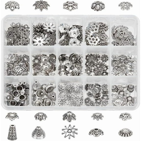 300Pcs Bead Caps 15 Styles Flower Bead Cap Spacers Alloy Bead Cap Bails End Charm Caps Spacer Beads DIY