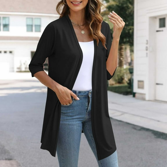 Sevevn Cardigan Sweaters for Women Women's Casual 3/4 Sleeve Cardigan Soft Open Front Cardigans Sales Today Clearance Black S