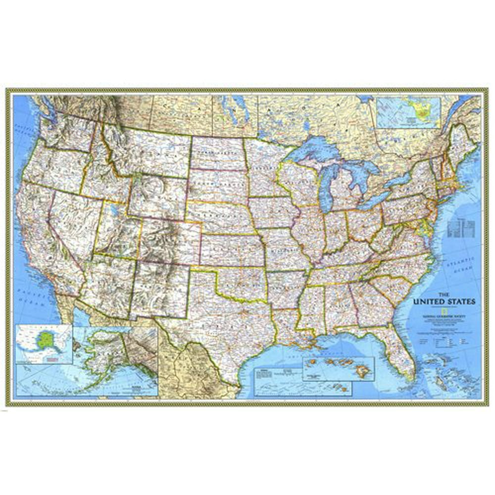 Large Relief And Political Map Of The United States Poster City 24x36