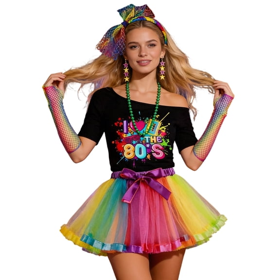 SJLDQY Carnival Womens 70S 80S Disco Dress Up Sexy Lace Mesh Skirts With Headwear Outfits Party Stage Performance Clothes Set