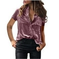 thumbnail image 1 of Bowake Velvet Shirts for Women Long/Short Sleeve Button down Velour Tops Solid Color Soft Collared T Shirts for Casual Work, 1 of 3