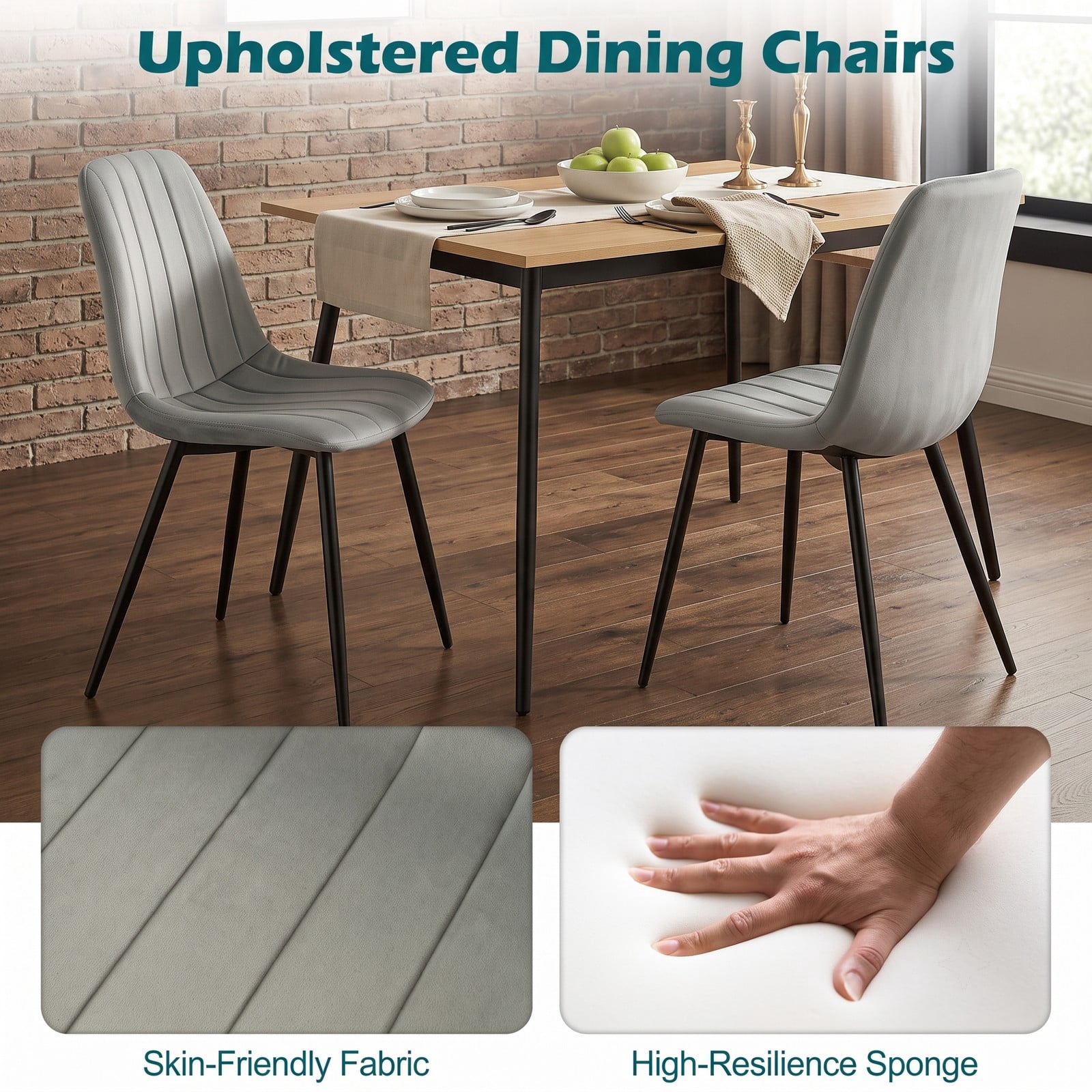 Furnibear Upholstered Fabric Dining Chairs Set of 4, Mid-Century Modern Kitchen Side Chairs with Curved Backrest, Padded Cushion Seat and Sturdy Metal Legs for, Gray
