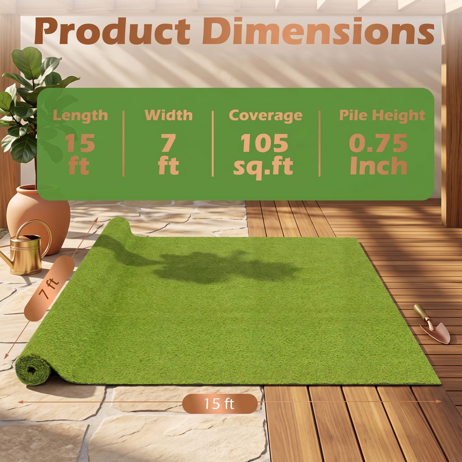ALPULON 15 x 7 FT Artificial Turf Grass Rug, Realistic Synthetic Lawn Mat with Low 0.75 Inch Pile Height and Drainage Holes for Balcony Backyard Patio Pet Dog, Green