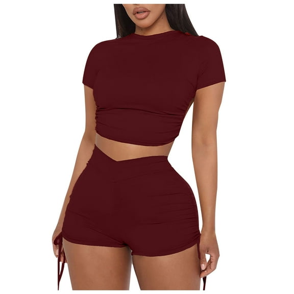 Njoeus Women Bodycon 2 Piece Workout Outfits Short Sleeve Backless Crop Top and High Waist Biker Shorts Set Lounge Clubwear