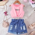 thumbnail image 2 of KPOPLK Toddler Girl Clothes Summer Outfits Kids Sleeveless Ruffled Vest Top Shirts Cute Bow Short Sets 2Pcs(7-8 Years,Pink), 2 of 5