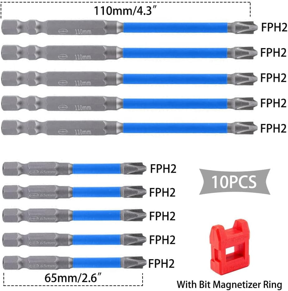 MKEUDQ-10pcs Magnetic FPH2 Impact Screwdriver Bit Set, 65mm & 110mm FPH2 Bits for Electrician, Phillips Slotted Bits, 1/4\u201d Hex-Shank S2 Steel, Cross Slot Screw Driver Drill Bit Used on Circuit B