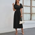 thumbnail image 5 of Taqqpue Summer Dresses for Women Loose Novelty Skew Collar Midi Dress Short Puff Sleeve Sundress Elegant Cutout Solid Color Cocktail Dress, 5 of 7