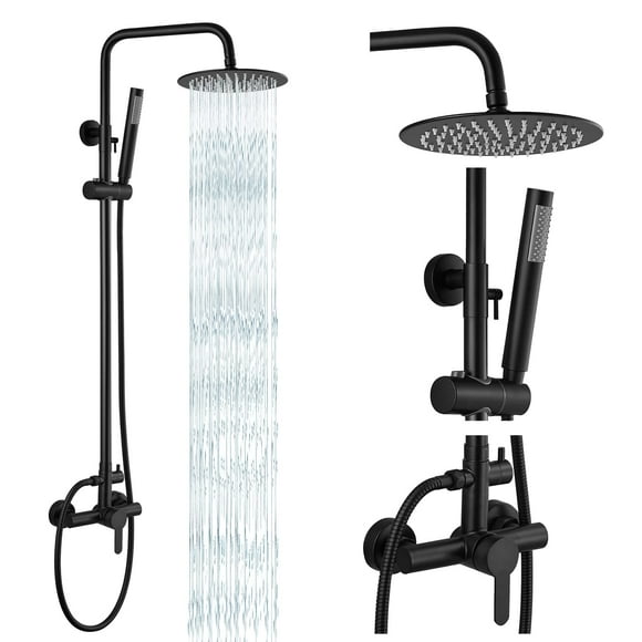 gotonovo Luminaire de Douche Extérieur Noir Mat Système SUS304 Ensemble Combo Pluie Poignée Unique Pulvérisation à Haute Pression Montage Mural 2 Fonctions Acier Inoxydable