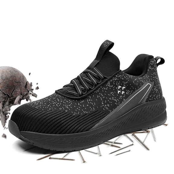 SPIEZ® Composite Toe Safety Shoes for Men Women, Slip Resistant Lightweight Work Sneakers, Breathable Slip-On Work Shoes for Warehouse, Factory & Delivery Work - Black,Size 6 Women/5 Men