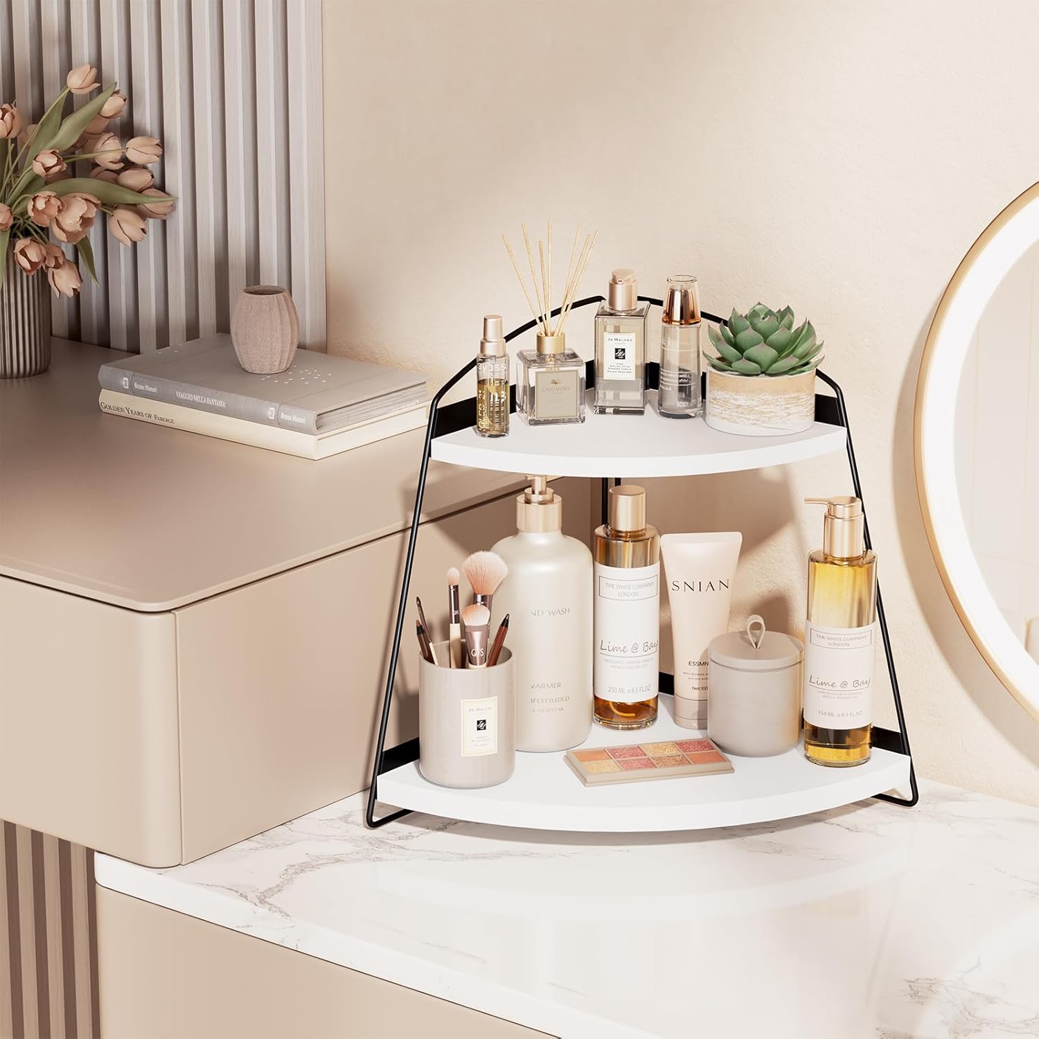 Puricon 2-Tier Wood Countertop Organizer Bathroom Sink Corner Shelf -White