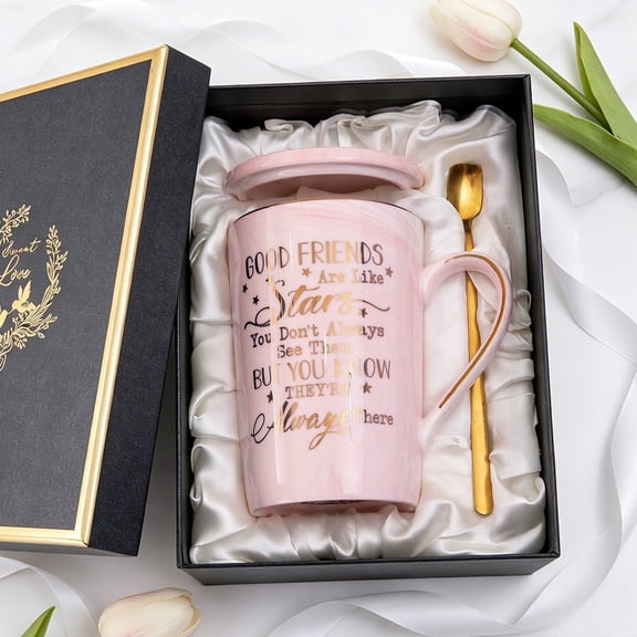 Biching 14oz Pink Marble Ceramic Coffee Mug with Lid & Spoon, Friendship Gift for Women Birthday