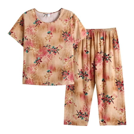 ZHAGHMIN Two Set Outfits for Women Summer Floral Printed Cotton Linen Short Sleeve Crewneck Shirt Wide Leg Pant Two Pieces Tracksuit Women 2 Piece Outfit Sets Orange SizeXXL