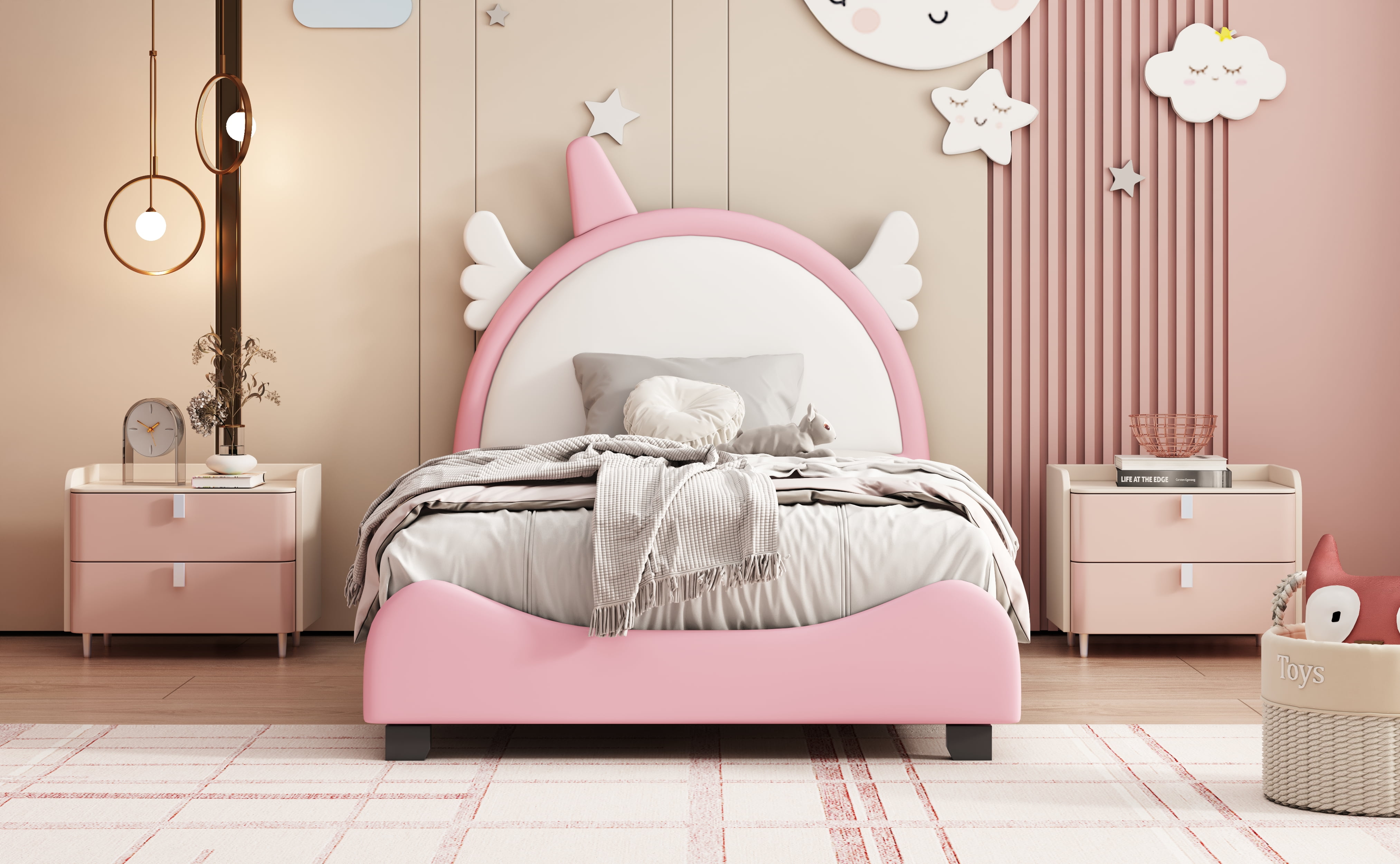 Cute Twin Size Bed Frame with Unicorn Shape Headboard,Twin Size Platform Bed Frame with Headboard and Footboard for Boys Girls ,80"x45"x45",White+Pink