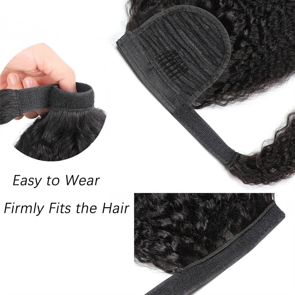 12"-26" Long Yaki Straight Ponytail Wrap Around Ponytail Hairpiece Clip in Brazilian Remy Hair Kinky Straight Ponytail Hair Extension for Black Women