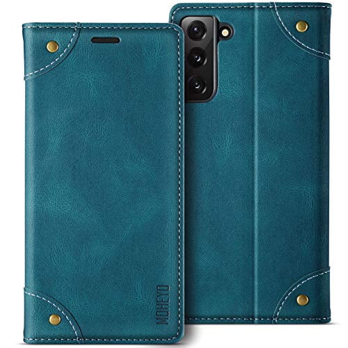 MOHEYO Luxury Wallet Flip Cover Soft Leather Card Holder Case for Samsung Galaxy S21 Plus - Blue