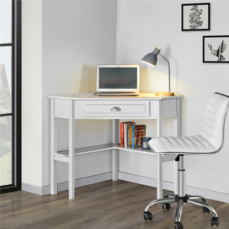 Easyfashion Corner Writing Desk with Storage Drawer, White