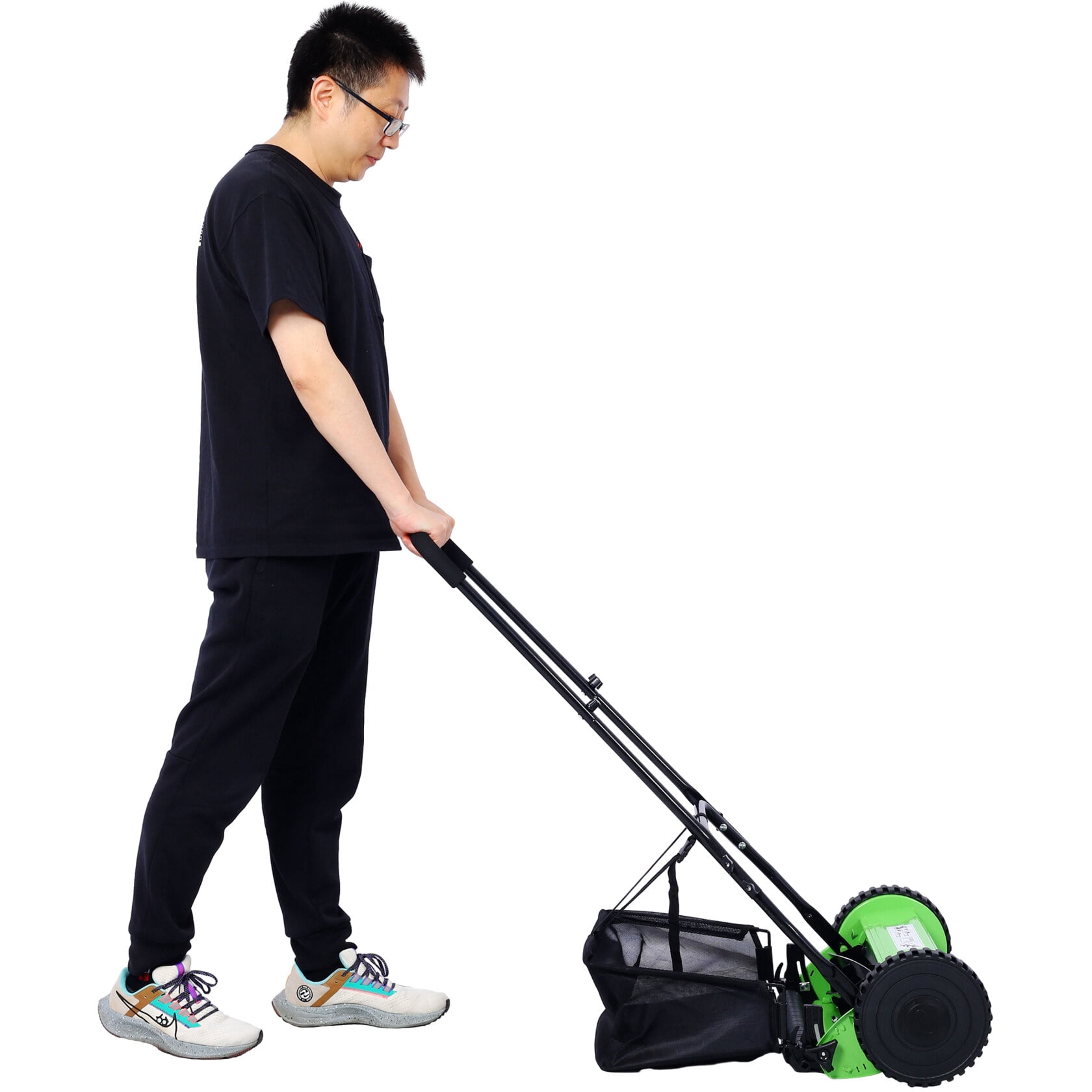 14-Inch 5-Blade Push Reel Lawn Mower with Grass Catcher, Eco-Friendly Silent Mower with Adjustable Blade Height, for Yards, Lawns, Green