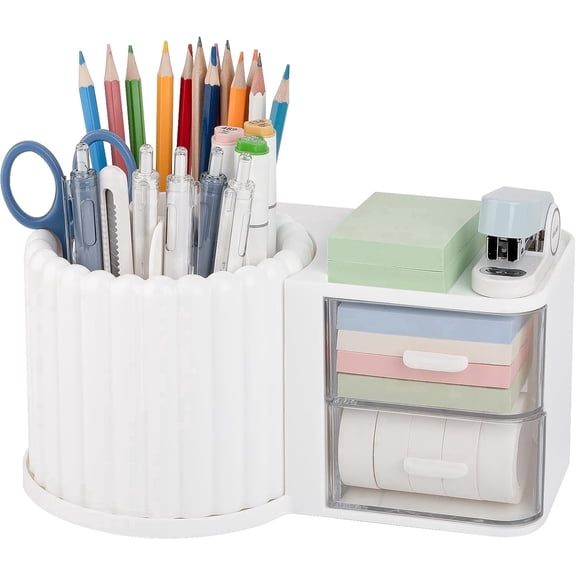 360° Rotating Pen Holder 7 Slots Desk Organizer with Drawer Removable Pencil Cup Plastic Art Supplies and Accessories Desktop Storage Box for Office, Home (White)