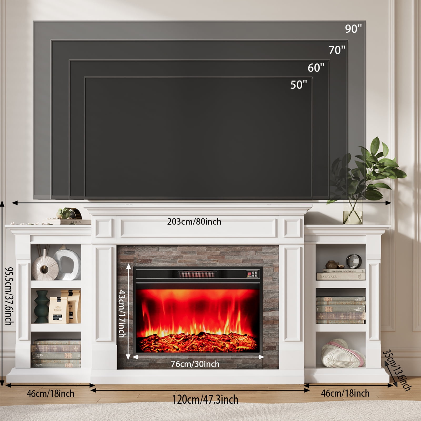 Electric Fireplace with 80" Mantel, Stacked Stone Surround with 30" Fireplace Insert, Adjustable Flame, Remote Control, White