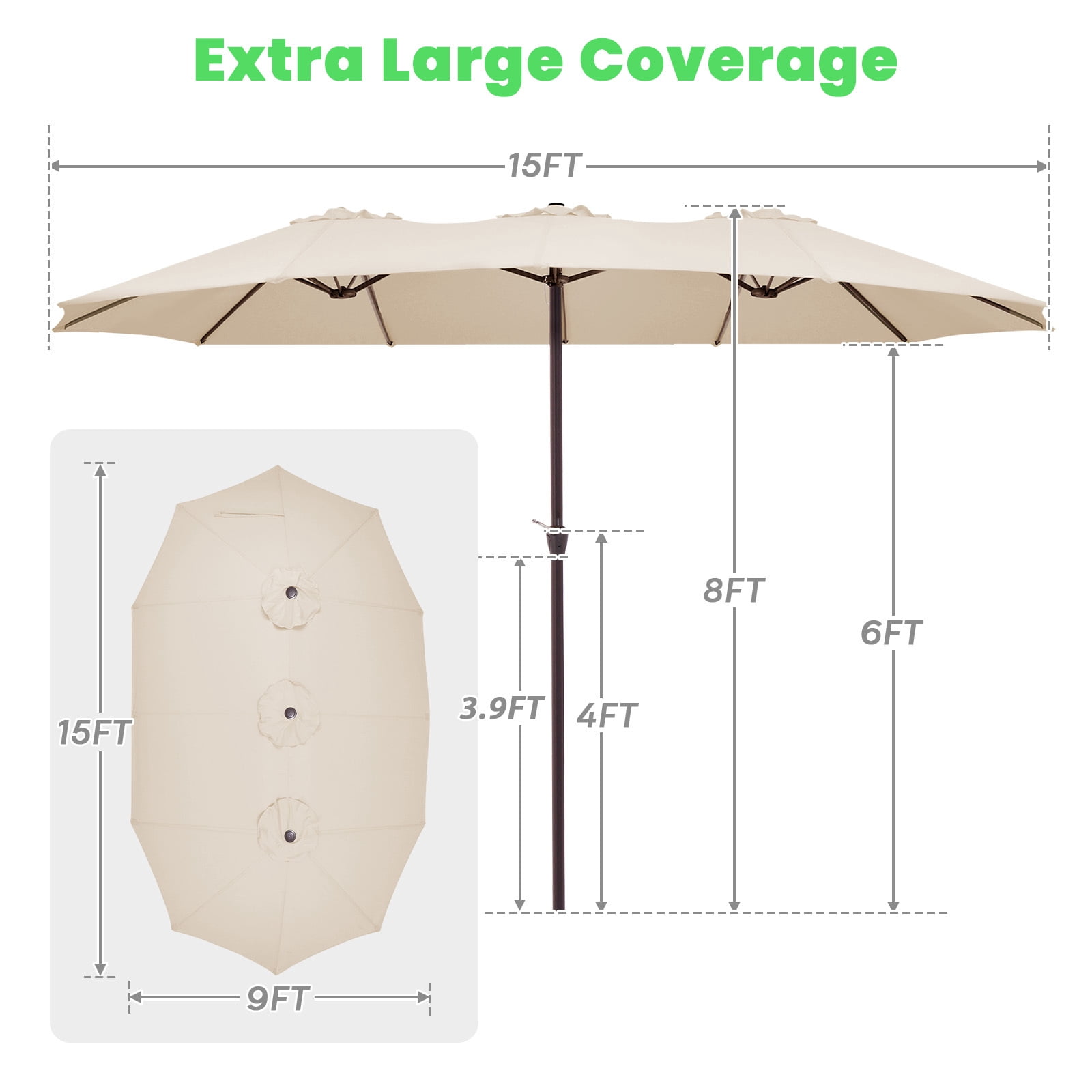 FUNDAZE 15ft Double-Sided Patio Umbrella Large Outdoor Cantilever Umbrella with Crank, Rectangular Sun Shade for Poolside Deck Garden,Beige