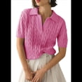 thumbnail image 1 of Suéter de Corta con Cable para Mujer, Top de Punto Liso con Cuello en V y Solapa, Camisa Informal Suave, Color Rosa, Talla L, 1 of 6