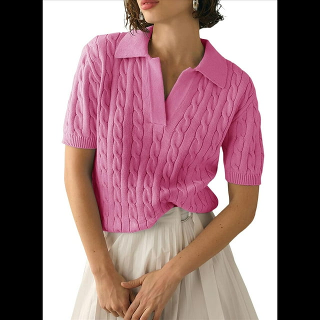 Suéter de Corta con Cable para Mujer, Top de Punto Liso con Cuello en V y Solapa, Camisa Informal Suave, Color Rosa, Talla L