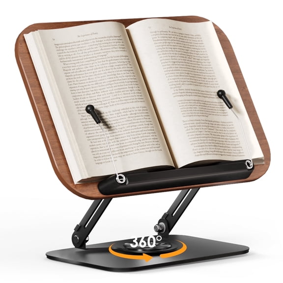 SupeDesk Adjustable Wooden Book Stand for Reading, 360° Rotating Cookbook Holder with Page Clips, Foldable Display Stand for Recipes, Magazines, Tablets & Laptops, Retro-Style Book Holder