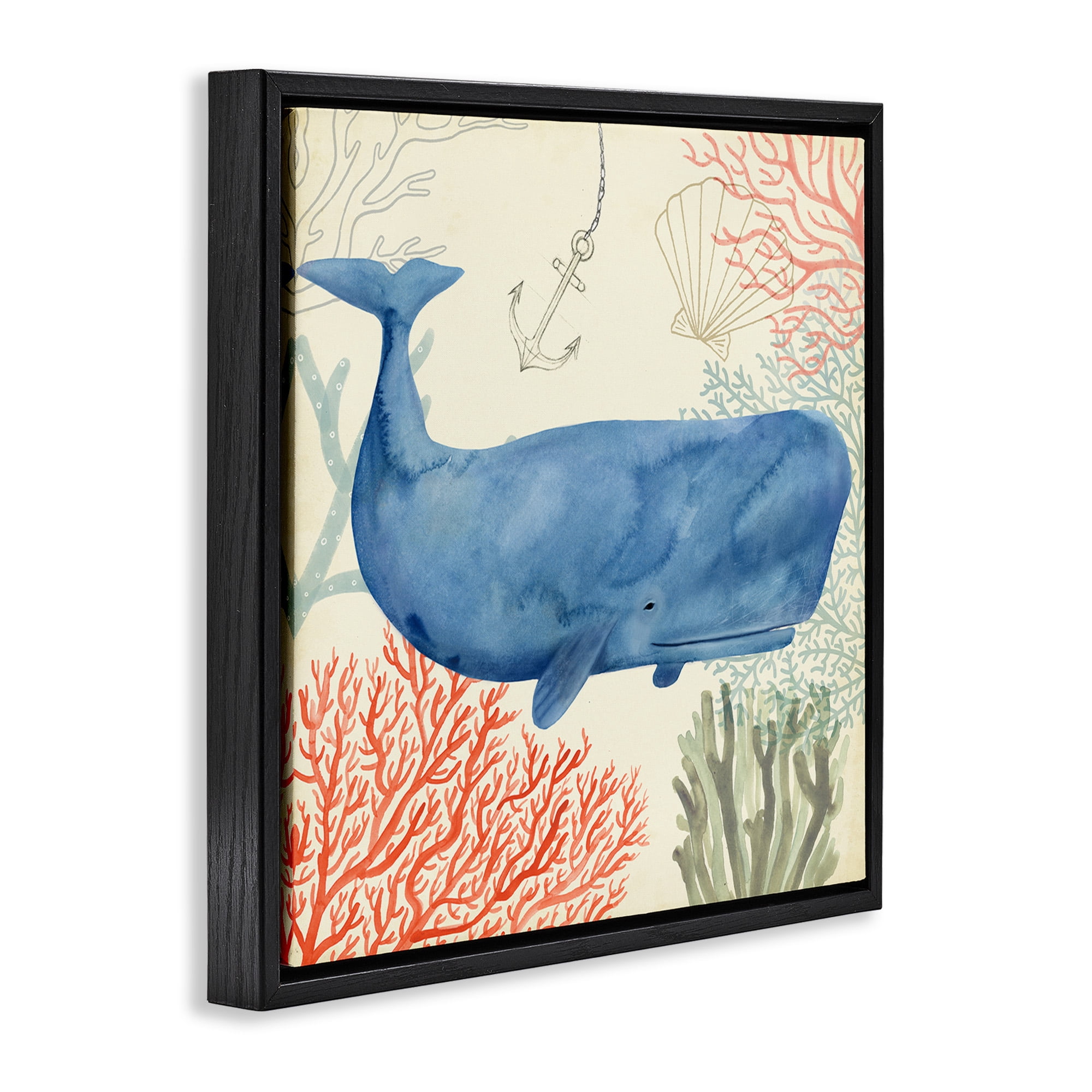 Stupell Industries Underwater Whimsical Whale Watercolor Animals & Insects Painting Black Floater Framed Canvas Art Print Wall Art, 18 x 18