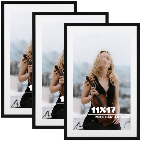 11x17 Picture Frame Set of 3, Black Frame for 9x15 with Mat or 11x17 without Mat