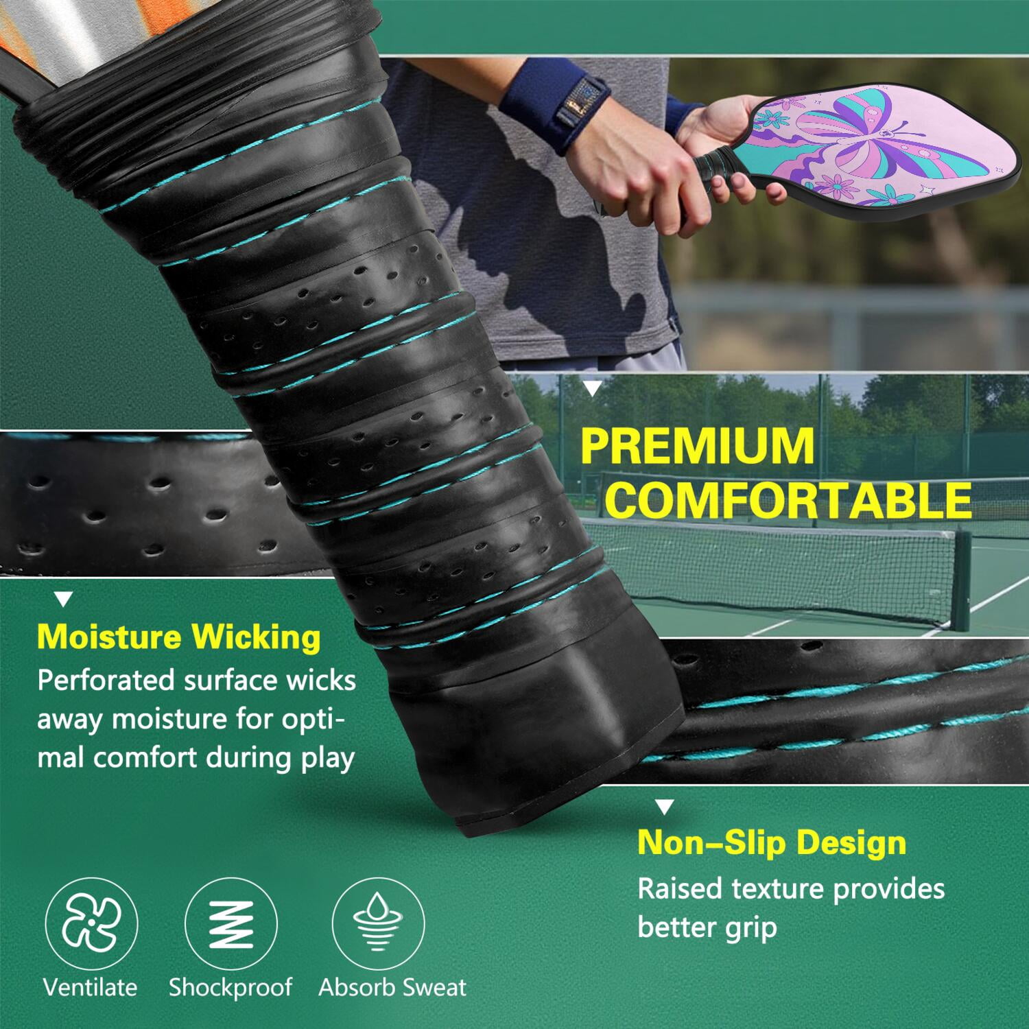Pickleball Paddles Set Of 2, Fiberglass Surface, Butterfly Print, 4 Balls & Bag