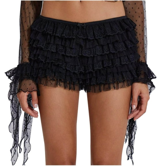 Penkiiy Women Lace Ruffle Shorts Y2k Fairy Layered Frill Bottoms Cute Fluffy Micro Shorts Pettipants L Black
