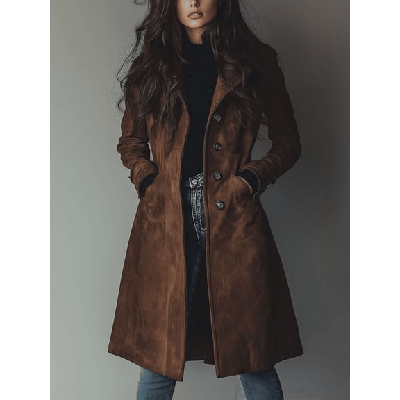 Women's Mid Long Faux Suede Trench Coat Single Breasted Notched Lapel Overcoat Soft Windproof Warm Outerwear With Side Pockets Slim Fit Fall Winter Casual Dressy Jacket