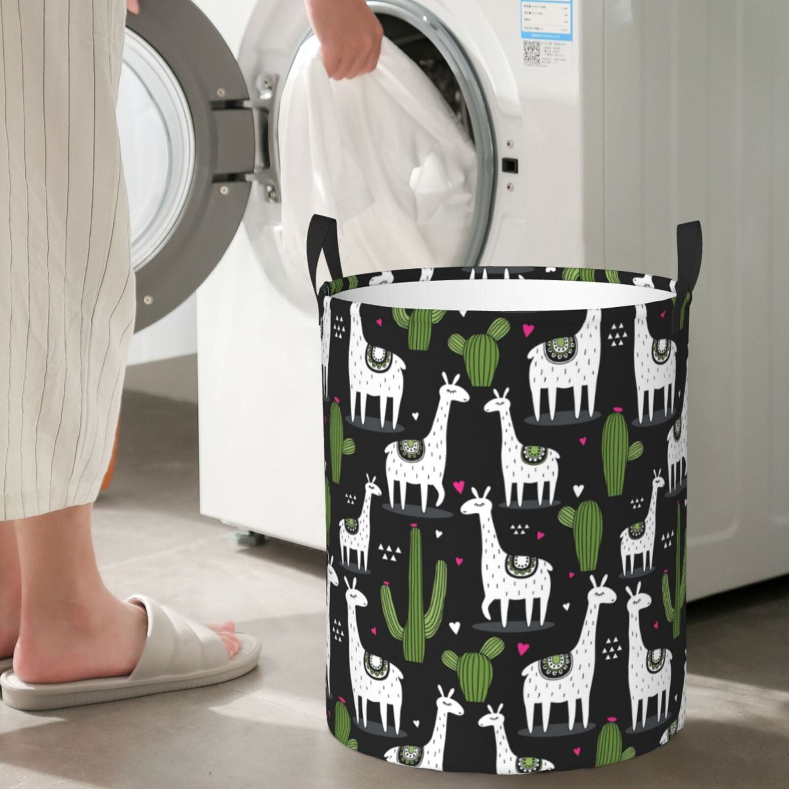Large Laundry Basket with Handles - llama alpaca cactus heart black Kids Baby Dirty Clothes Laundry Hamper for Bedroom Aesthetic