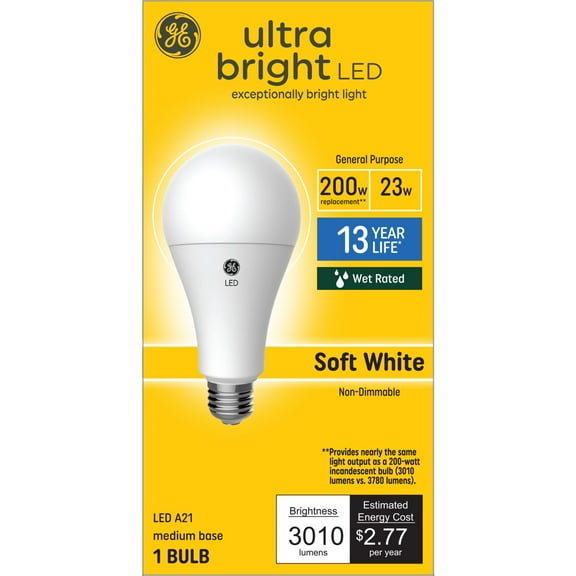 GE Ultra Bright LED Light Bulbs, 200 Watt, Soft White, A21 Bulb, Medium Base