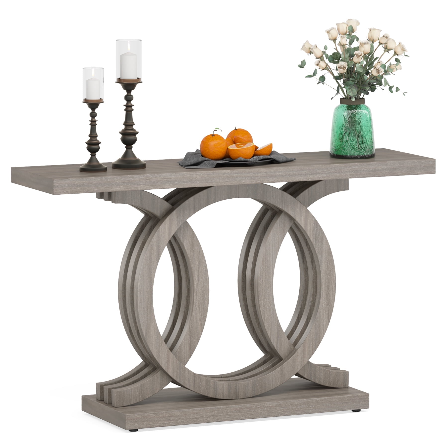 Fnova 55" Console Table with Geometric Base, Modern Wood Narrow Entryway Table Sofa Table for Living Room, Hallway, Foyer