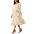 thumbnail image 4 of INSPIRE CHIC Women's Pleated Dress Crewneck A Line Flowy Casual Long Sleeve Midi Dresses with Belt Fall Outfits XL Apricot, 4 of 6