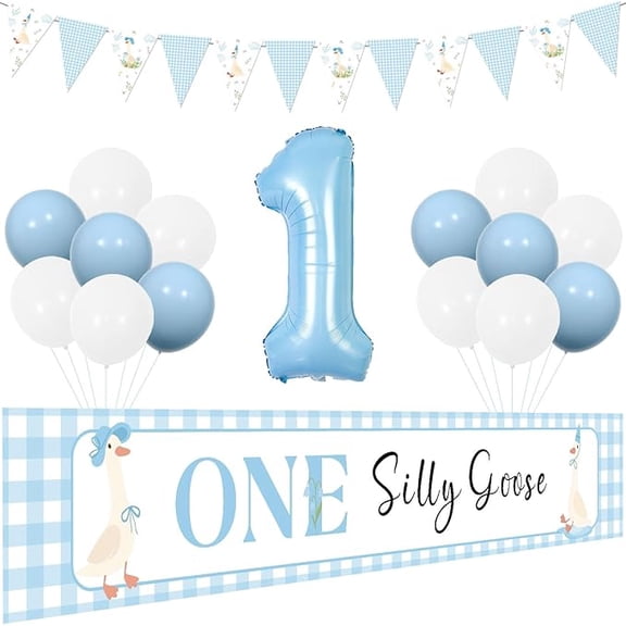 One Silly Goose 1st Birthday Party Decorations, One Silly Goose Yard Banner Blue Duck Triangle Bunting Flags Balloons Decoration for Boys Farm Animal Duck First Birthday Party Supplies