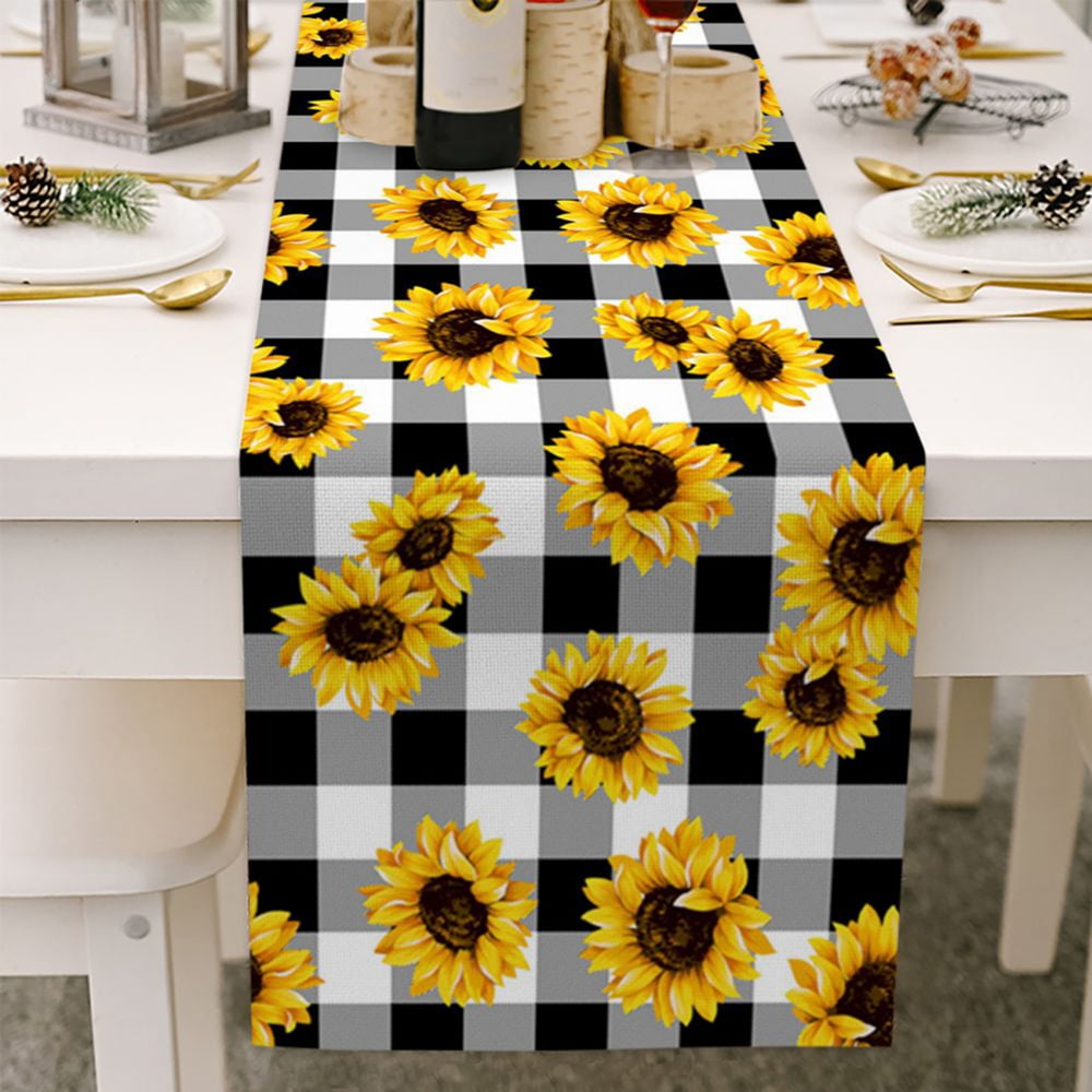 Summer Gnomes Sunflower Table Runner 70 inches Floral Flowers Yellow Runner for Table Everyday Use Seasonal Kitchen Spring Summer Decor