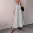 thumbnail image 2 of Miqool Womens Plus Size Cotton Linen 3/4 Sleeve Maxi Dress V Neck Pleated Casual A Line Flowy Long Dress Cocktail Dresses with Pockets, 2 of 9