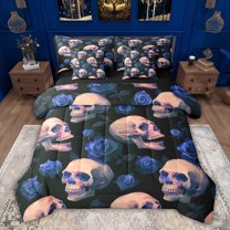 Feelyou Goth Skeleton Skull Twin Bedding Sets 7-Piece, Dreamy Blue Rose Bedding Comforter Set, Couple Anniversary Theme Reversible Sheet Sets, Breathable Home Decor