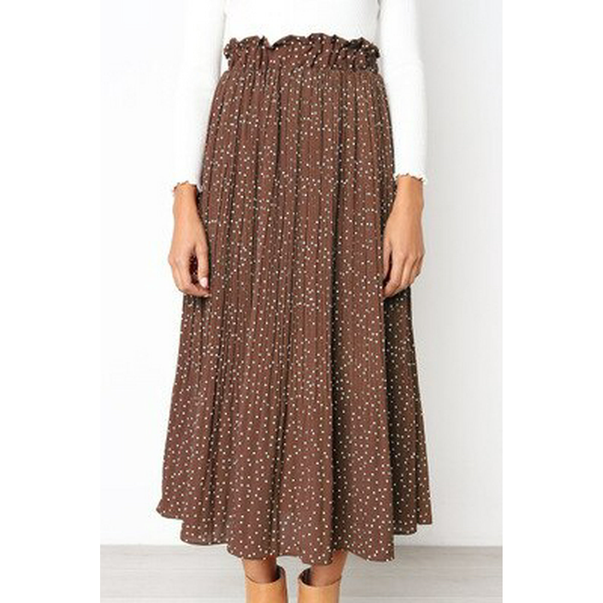 DeliaWinterfel Women Elastic High Waist Side Pockets Dots Floral Print Pleated Midi Skirt Brown L