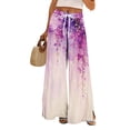 thumbnail image 2 of Hawaiian Print Palazzo Pants for Women Elastic High Waist Wide Leg Flowy Beach Trousers with Pockets Purple 2XL, 2 of 7