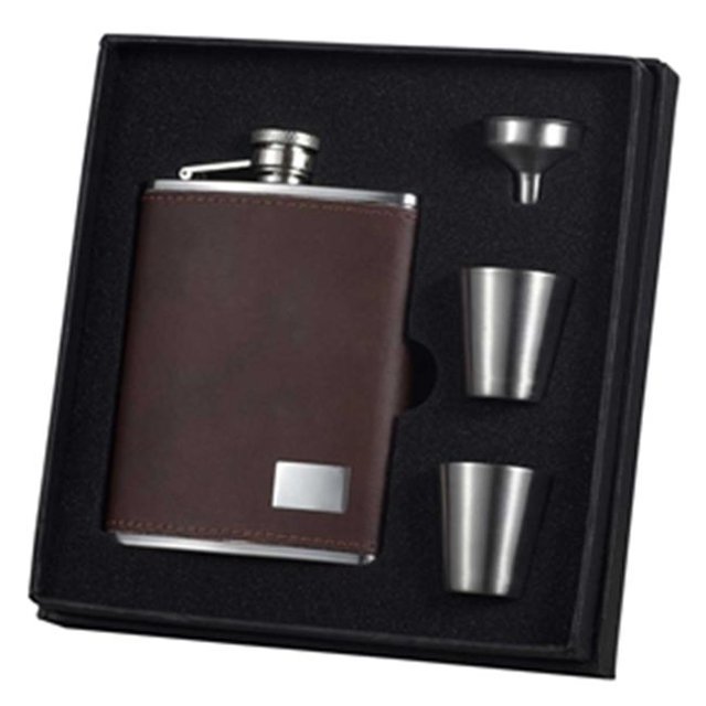 Visol VSET38-1194 Hunter Dark Brown Leather 6 oz Deluxe Flask Gift Set