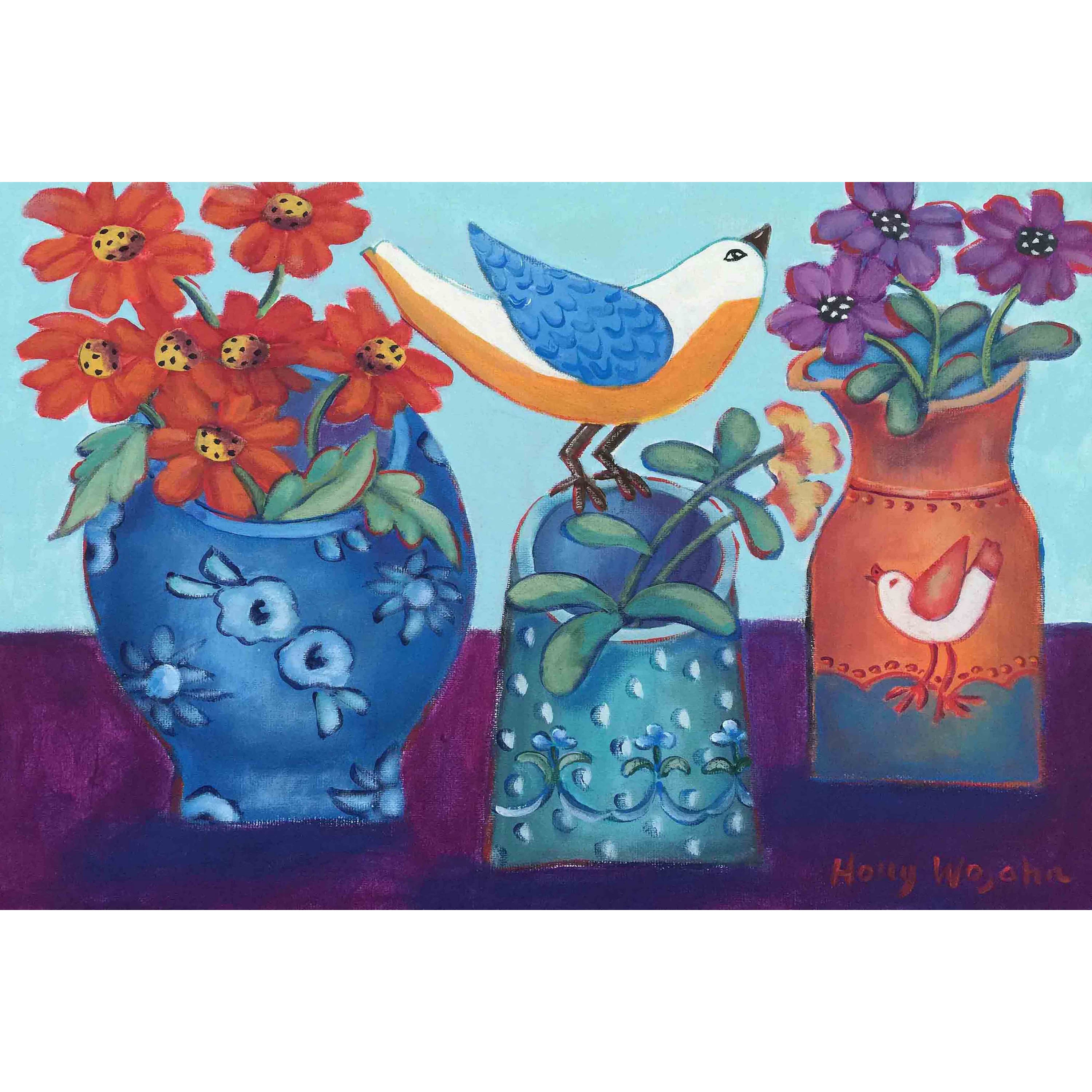 Marmont Hill "Blue and Orange Vases with Chirp" Painting Print on Canvas